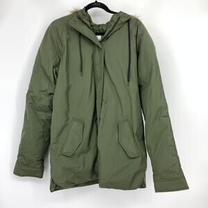 Old Navy Parka Jacket Womens M Tall Olive Green Hooded Faux Fur Trim Coat